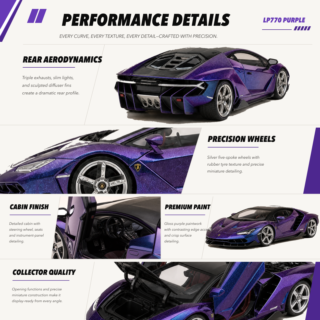 LP770 1:18 alloy model in purple — performance details