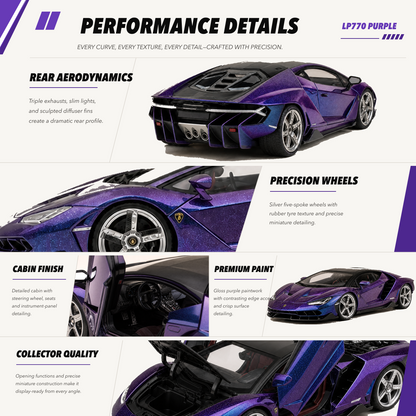 LP770 1:18 alloy model in purple — performance details
