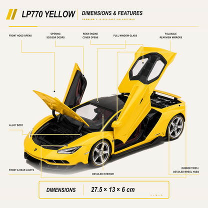 LP770 1:18 alloy model in yellow — dimensions features