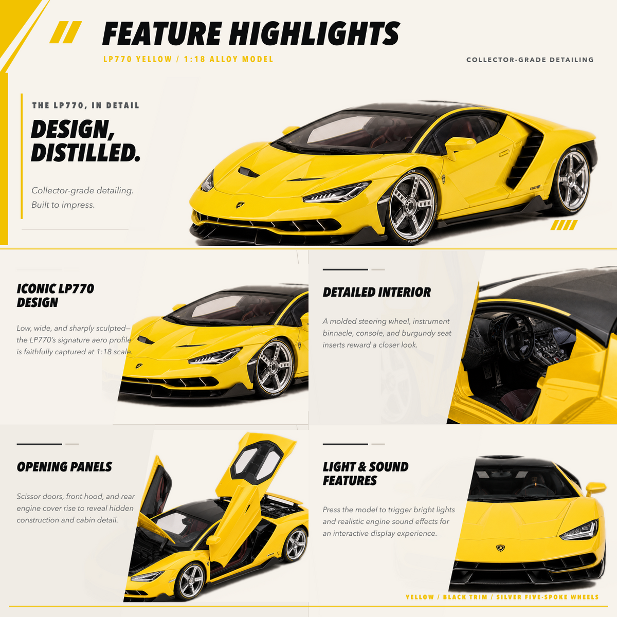 LP770 1:18 alloy model in yellow — feature highlights
