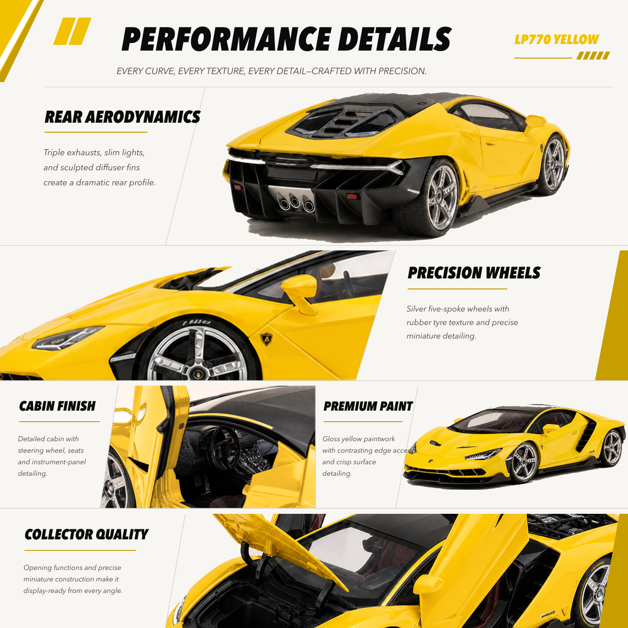 LP770 1:18 alloy model in yellow — performance details