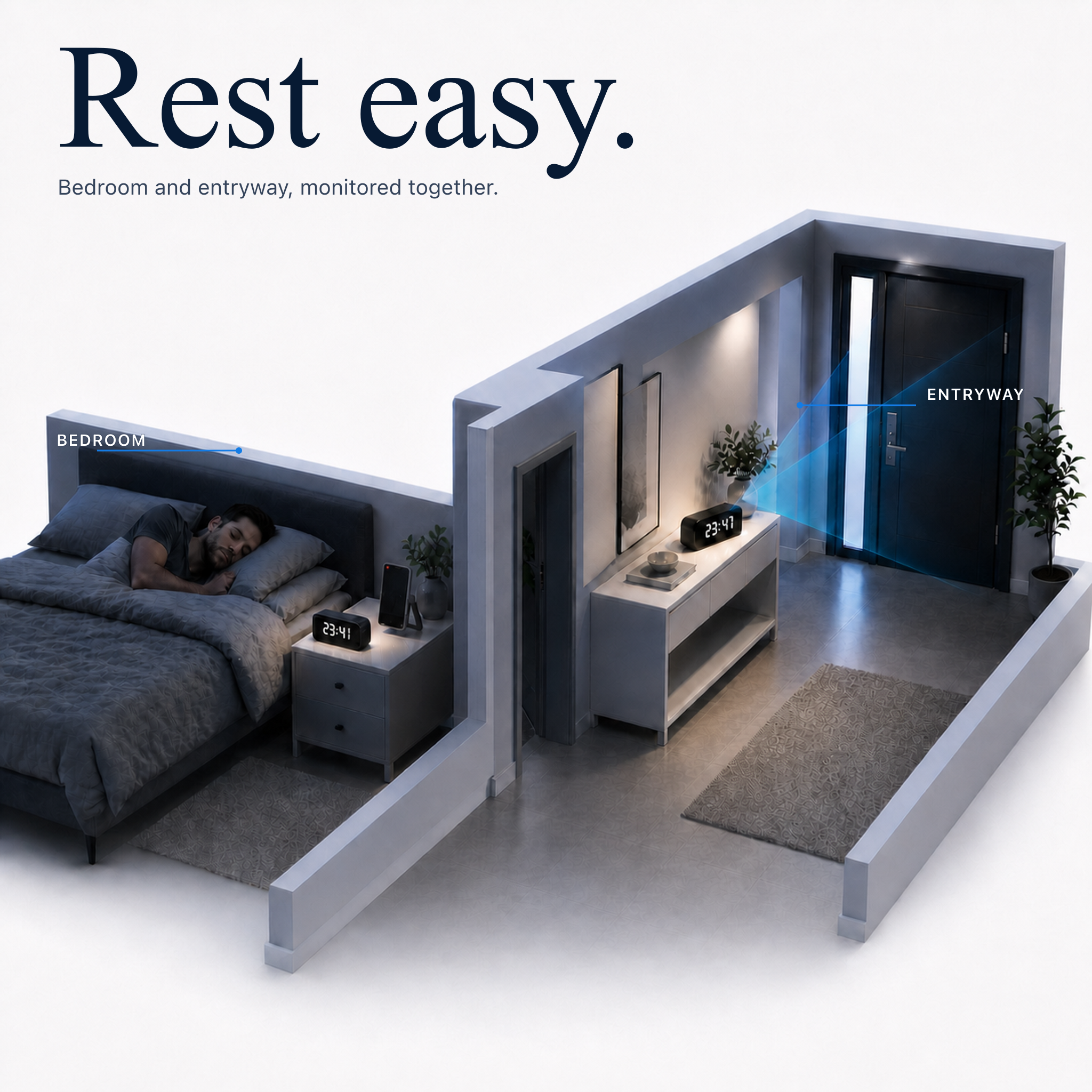 Nextguard clock monitoring the bedroom and main entry while the homeowner rests