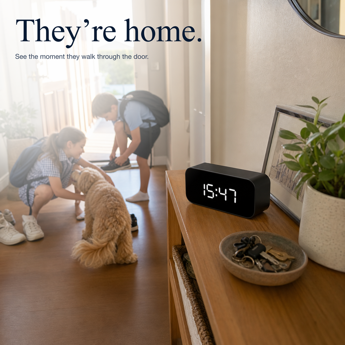 Nextguard security clock showing children arriving home after school